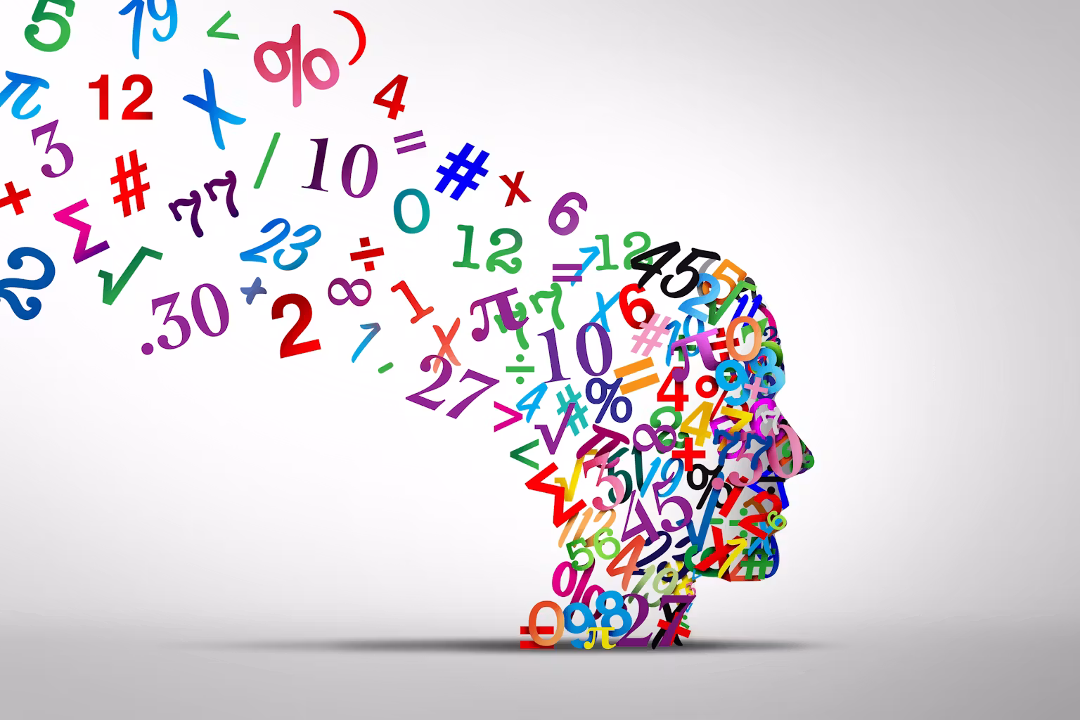 This image shows a figure of human head with numbers flying out of it.