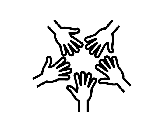 Black outline icon of five open hands arranged in a circle with palms facing inward, suggesting collaboration and teamwork.