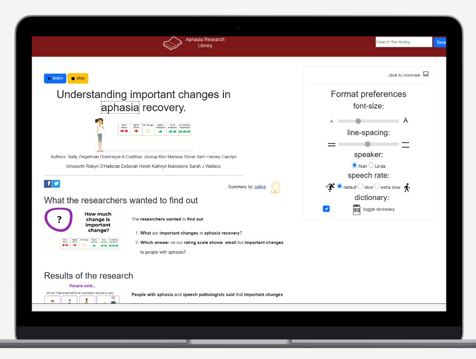 A laptop showing a summary on the Aphasia Research Library website. The summary has a big title, pictures and bold key words. There are buttons to listen or stop. A panel on the right lets you change text size, line spacing, voice, speech speed and the dictionary.